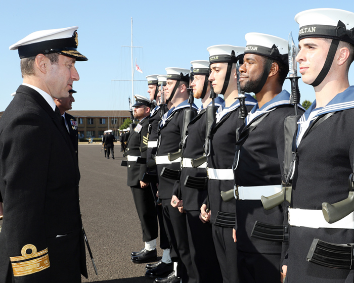 Admiral Paul Methven inspects the Guard of Honour at HMS Sultan 3 August 2018 700