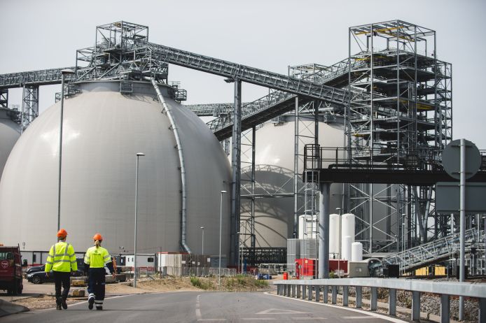 The four biomass storage domes have a modified atmosphere of almost 100% nitrogen to safety store compressed wood pellets