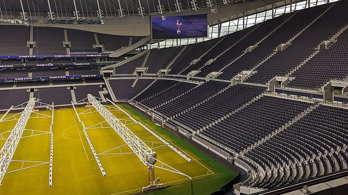 Tottenham Hotspur Stadium - South Stand and pitch with grow lights 