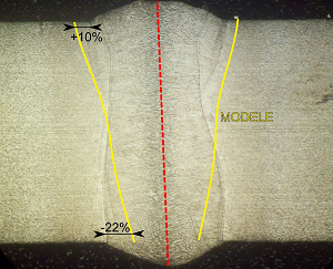 Penetration depth for welding speeds of 6 m/minute (left) and 8 m/minute (right) with a 4kW laser. 