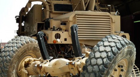 A 26-tonne Mastiff with the front axle off Under cover