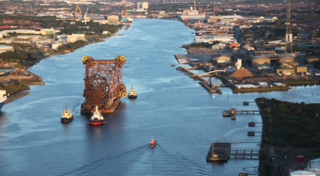 The platform is moved down the River Tyne to the Forties Field in stages for installation Article image