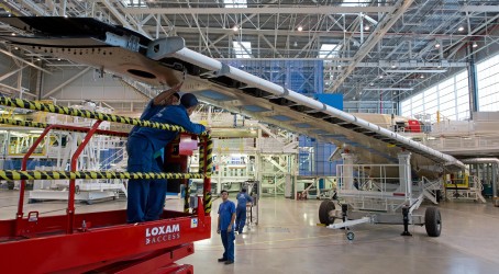 A350 wings produced at Broughton are fitted to the aircraft on the final assembly line in Toulouse Article image